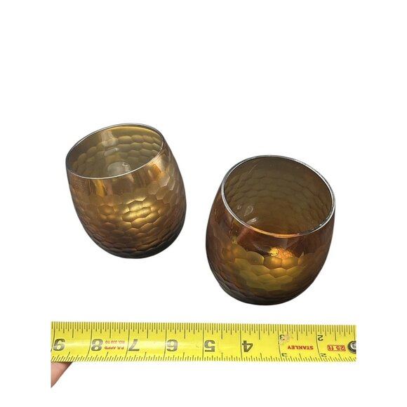 Pair Vintage Roly Poly Faceted Amber Gold Honeycomb Stemless Rocks Glasses - Picture 9 of 9